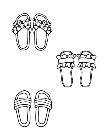 A set of summer shoes, simple with decor. Hand drawn illustration in Doodle style, sketch, silhouette, black lines on a white background.のイラスト素材