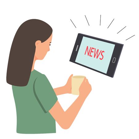 A girl with a mug in her hands is watching the news on a tablet. Concept with a young woman isolated on a white background. Cute character in flat cartoon style, vector illustration.のイラスト素材