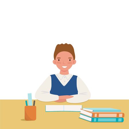 The boy learns at the table. A happy young schoolboy smiles. Cartoon flat vector illustration.のイラスト素材