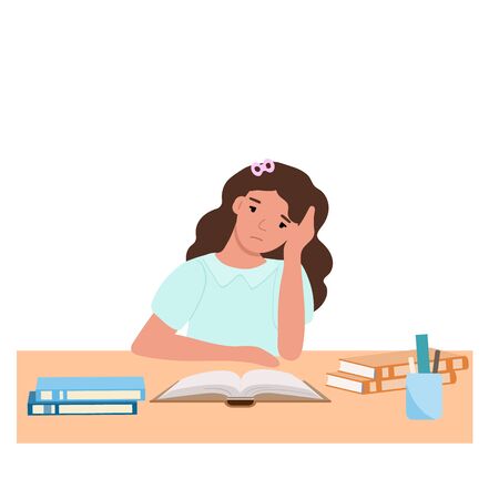 Sad girl doing homework. School girl with textbooks at the desk. Cute cartoon vector illustration.のイラスト素材