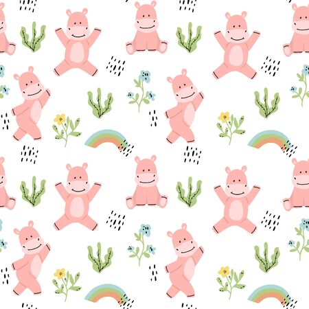 Seamless pattern with fun hippos, flowers, Doodle dots. Cute vector illustration for child textiles and decor.のイラスト素材