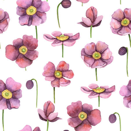 Seamless pattern with purple pink flowers. Watercolor illustration, floral ornament. For textiles, covers and decor in a rustic style.の写真素材