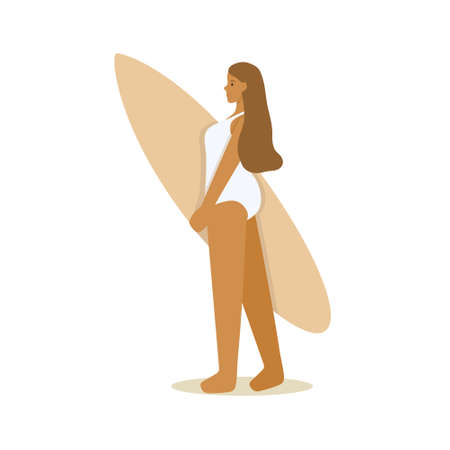 A girl in a white swimsuit stands with a surfboard. Summer illustration in beige shades. Flat cartoon vector illustration.のイラスト素材