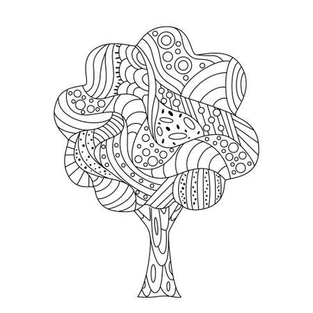 Fantasy fairy tale tree with an ornament. Childrens coloring book. Cute vector illustration.のイラスト素材
