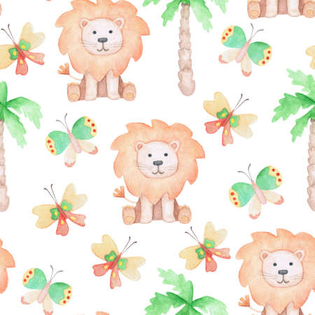 Watercolor illustration with a cute lion and butterflies. Bright childish seamless pattern for textiles and nursery decor.の写真素材