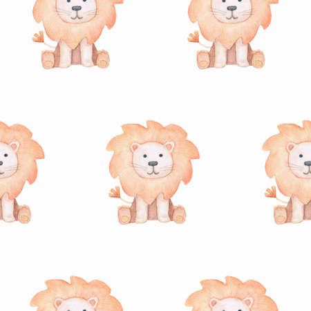Seamless pattern with cute lions. Bright watercolor illustration for childrens decor and textiles.の写真素材