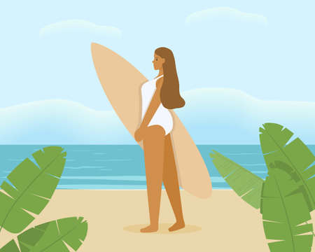 Cute girl holding surf Board. A young woman in a white bathing suit against the sea. Bright vector illustration of a summer vacation.のイラスト素材