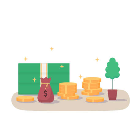 A stack of banknotes, coins, a sack and a tree. The concept of money, monetary growth and stability. Cartoon flat vector illustration.のイラスト素材