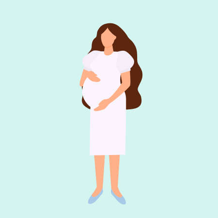 Concept of pregnancy and motherhood. A woman with long hair in a light dress. Cartoon vector flat illustration.のイラスト素材