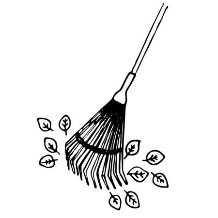Rakes and leaves. Vector illustration on the theme of cleaning autumn leaves, black outline, Doodle,...
