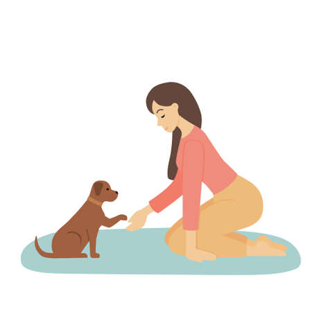 A young woman plays with a pet. The dog gives a paw to the girl. Cute illustration of the relationship and friendship between person and animal. Vector in flat, cartoon style.のイラスト素材