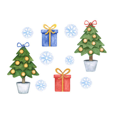 Watercolor illustration with Christmas trees and giftsの写真素材