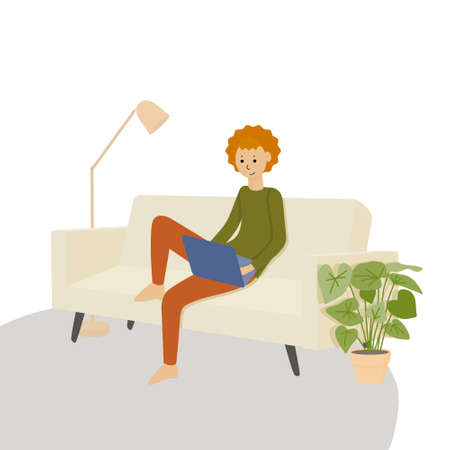 A boy with red hair is working with a laptop. A young man is sitting on the sofa, doing homework at home. Home learning illustration, flat cartoon vector.のイラスト素材