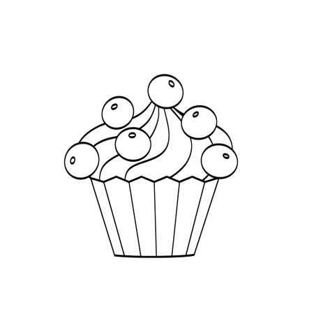 Simple blueberry muffin. Black outline on white background, cake sketch, Doodle, cute vector illustrationのイラスト素材