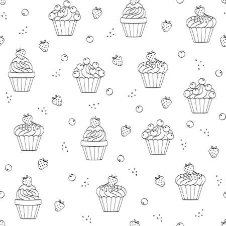 Seamless pattern with strawberry and blueberry cupcakes. Black outline on white, sketch, Doodle, vector illustration for textiles, coloring books and candy store decorのイラスト素材