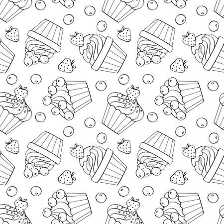 Seamless pattern with cupcakes and berries. Black outline, sketch for coloring books, decor and textiles. Cute vector illustration.のイラスト素材