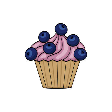Cartoon cupcake with cream and blueberries. Cute flat vector illustration with a contour, isolated on a white backgroundのイラスト素材