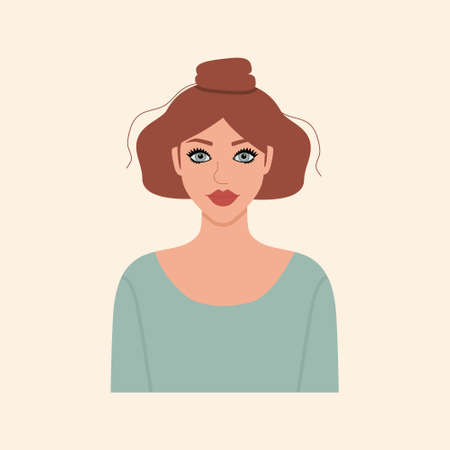 Portrait of a girl with bright eyes and cute hairstyle. Flat cartoon vector illustration for avatars.のイラスト素材