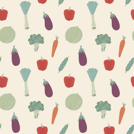 Seamless pattern with different vegetables. Cabbage, carrot, eggplant, pepper, cucumber and onion on a beige background. Vector illustration for kitchen decor and textiles.のイラスト素材