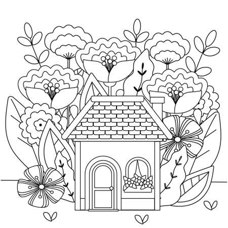 Cute kids coloring book with house and big flowers. Black outline of a simple drawing on a white background. Vector illustration for children.のイラスト素材