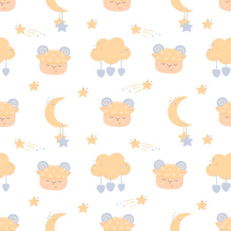 Seamless pattern with rams head, moon and cloud. Cute baby vector drawing for textiles, nursery decor.のイラスト素材