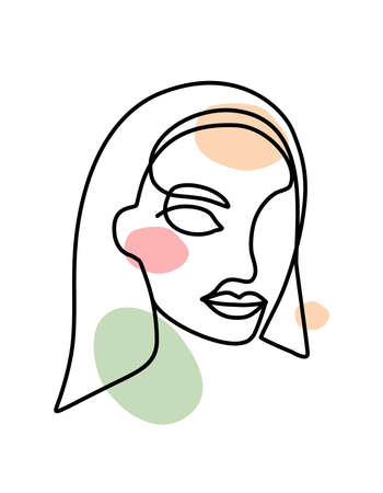 A continuous line, a drawing of the face and hairstyle, the outline of a female portrait. Vector illustration in the style of minimalism, an abstraction for the design of a print, poster or flyer.のイラスト素材