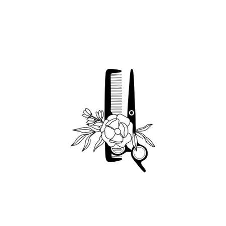 Hairdressing scissors, comb and flower in minimalist and vintage style. Vector illustration for interior design, flyer, business card and poster.のイラスト素材