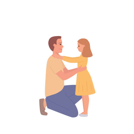 The father is on his knee hugging his little daughter. Happy fathers day. The figure of the parent and child is isolated on white. Flat vector illustration.のイラスト素材