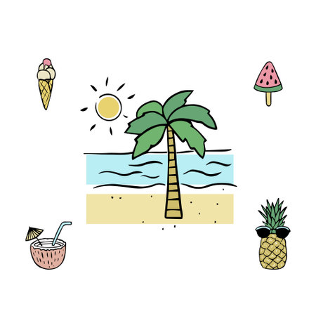 Palm tree, sea and sun, ice cream, watermelon, cocktail and pineapple. A set of elements and symbols of summer holidays for design.のイラスト素材