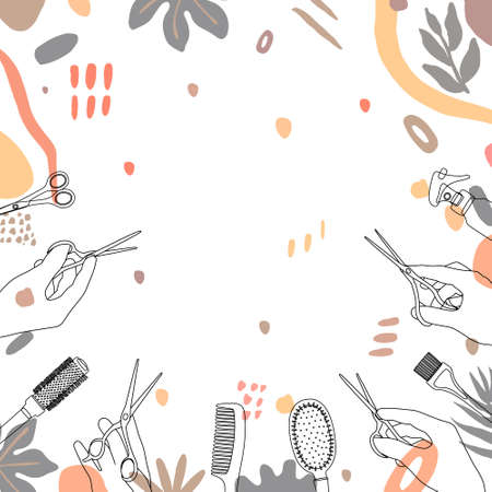 Frame, border of hairdressing tools. Hair salon accessories outline, hair dryer, comb, hand with scissors and abstraction. Vector illustration, template for design and information.のイラスト素材
