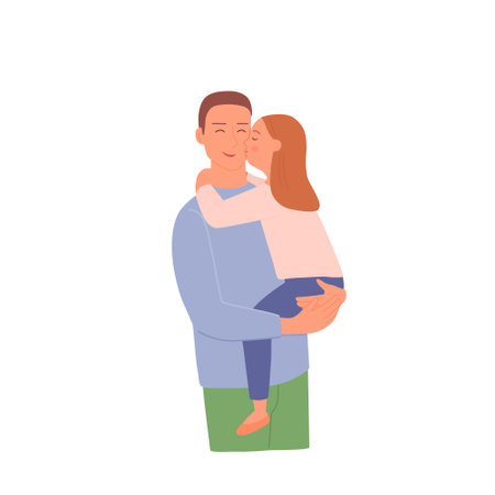 A man holds a child in his arms. The little daughter kisses her father on the cheek. Illustration of happy Fathers Day. Portrait of cute characters, vectorのイラスト素材