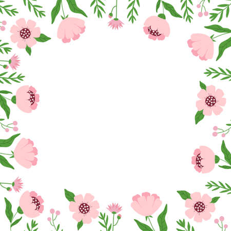 Spring square frame with flowers and twigs with space for text in the center. Simple plants, kids drawing for templates, postcards, flyers and designs, vectorのイラスト素材