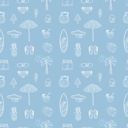 Seamless pattern with elements on the theme of summer holidays. White outline of a swimsuit,...