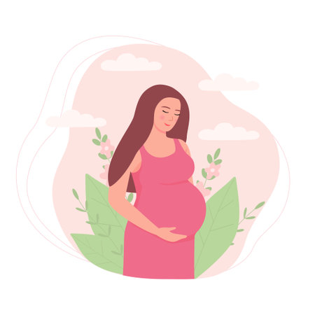 A pregnant young woman in a dress. Beautiful girl future mother among the flowers. Flat vector illustration, maternity and health concept for design, postcards and flyersのイラスト素材