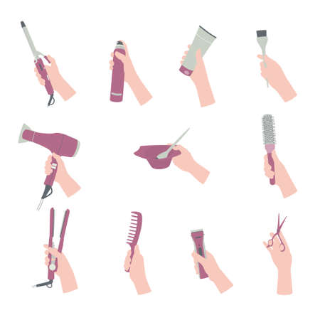 Hands with a hairdressing tool, hair dryer, comb, scissors, set for highlights, posts and designs. Icons with accessories for a hair salon, flat vector illustrationのイラスト素材