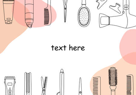 Frame, border of hairdressing tools. Hair salon accessories outline, hair dryer, comb, scissors and abstraction. Vector illustration, template for design and information.のイラスト素材
