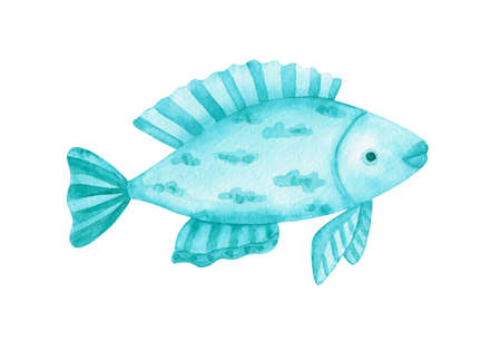 Watercolor illustration of a fish. A cute image in monochrome azure, blue, green colors isolated on a white background.の写真素材