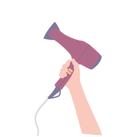 The hair dryer is in the barbers hand. A tool in the work of a hairdresser. A color image on a white background.のイラスト素材