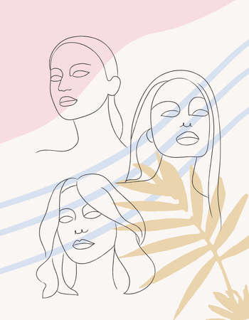 Background with various faces of women with a palm leaf and abstract shapes. Vector illustration for a poster, booklet, flyer, cover or wall decor.のイラスト素材