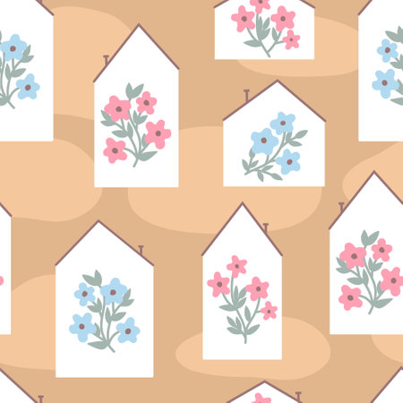 Seamless pattern with cute houses and flowers on a beige background. Vector illustration for textiles and design.のイラスト素材