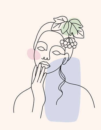 Background with an abstract face of a woman with berries and leaves, black outline. Vector illustration of pastel colors for a poster, booklet, leaflet, cover or wall decor.のイラスト素材