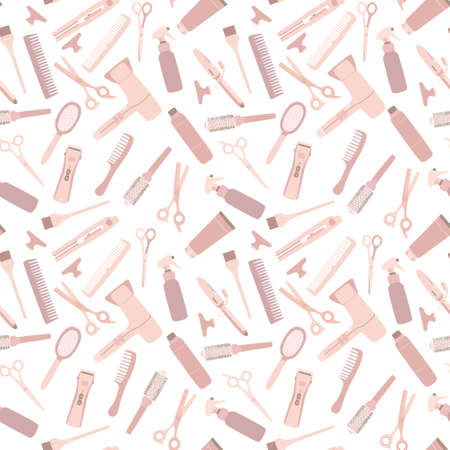 Seamless pattern with hairdressing tools, hair dryer, scissors, combs. Accessories for hairdressers in beige pastel color. Flat vector illustration for textiles and designのイラスト素材