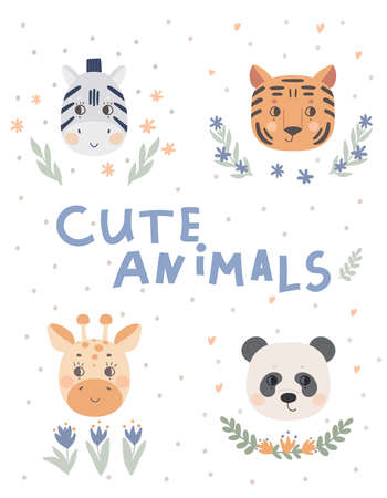 Poster with cute animal faces, panda, zebra, tiger, giraffe. Vector illustration for kids designのイラスト素材