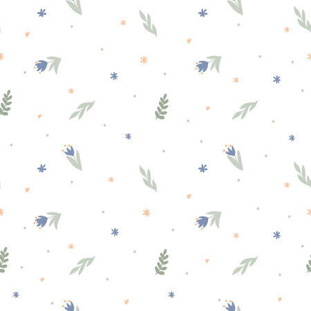 Seamless pattern with childish flowers and twigs on a white background. Cute vector illustration,のイラスト素材