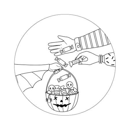 Halloween trick or treat. Black outline on white, hands, pumpkin and candy.のイラスト素材