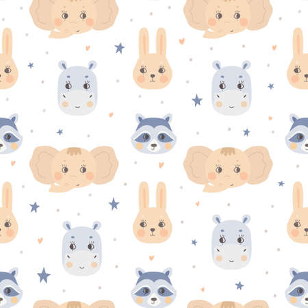 Seamless pattern with cute animal faces. The muzzle of a elephant, raccoon, hippo, bunny on a white background. Vector for textiles and poster design, kids clothing.のイラスト素材