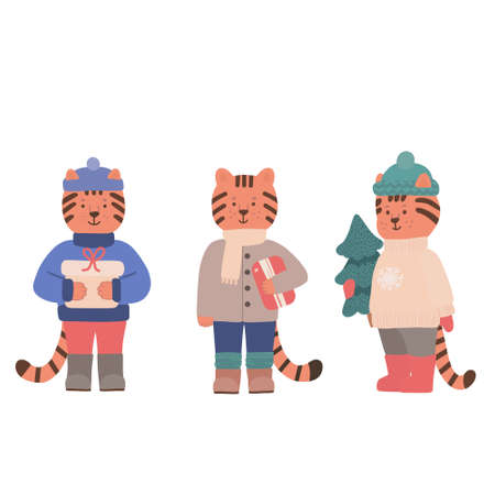 A set with three cute tiger cubs in winter clothes and boots. Festive characters on a white background.のイラスト素材