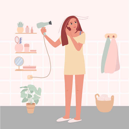 A young woman stands and holds a hair dryer in her hands. A beautiful lady in a long shirt in the bathroom. Cute vector illustration of the character and interior.のイラスト素材