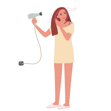 A young woman stands and dries with a hairdryer. A beautiful lady in home clothes. Vector illustration isolated on white.のイラスト素材