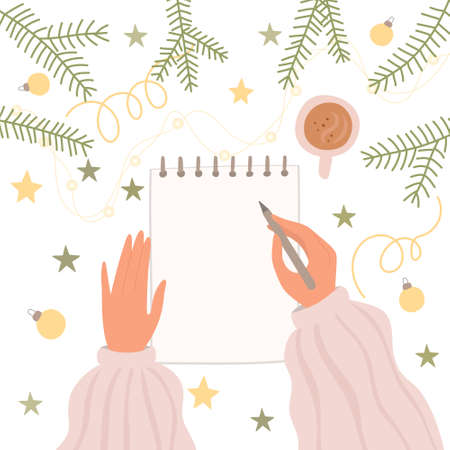 Womens hands with pen letter in notebook top view. The concept of New Years goals and solutions. Vector illustration of the idea of wish list.のイラスト素材